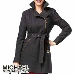 NEW MICHAEL KORS CHARCOAL ASYMMETRICAL BELTED WOOL